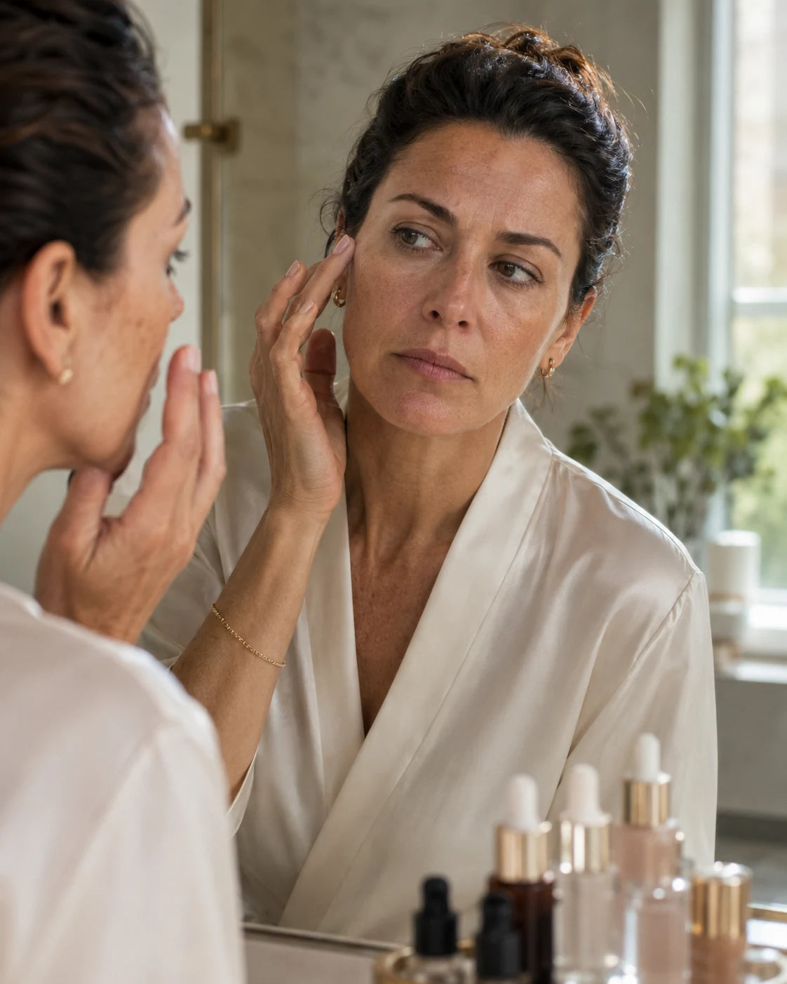 Skincare-aware woman age 30 to 45 examining uneven-looking tone in a bathroom mirror