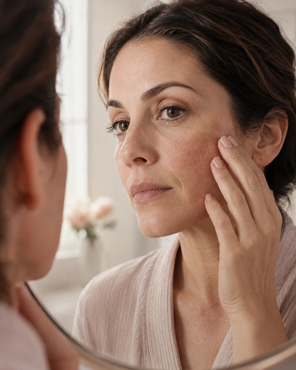 Skincare-aware woman in her late thirties examining visible uneven tone in natural bathroom light