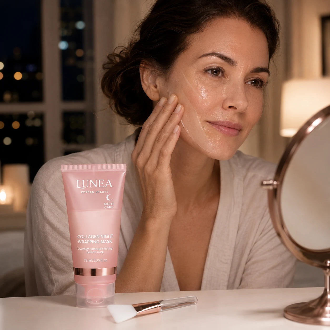 Close-up of Lunisse forming a flexible transparent overnight veil on realistic skin texture